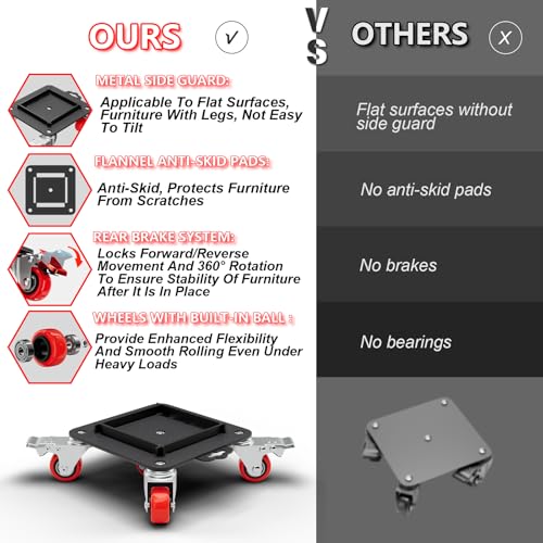 MYUEA Furniture Dolly 5 Wheels Heavy Duty with Removable Side Guards,3307 Lbs Capacity,360° Rotating Wheels & Tail Brake,Furniture Movers Lifter Tool with Wheels for Appliances,Sofas,Beds,Pianos - color: Red, size: 1.57 in wheels
