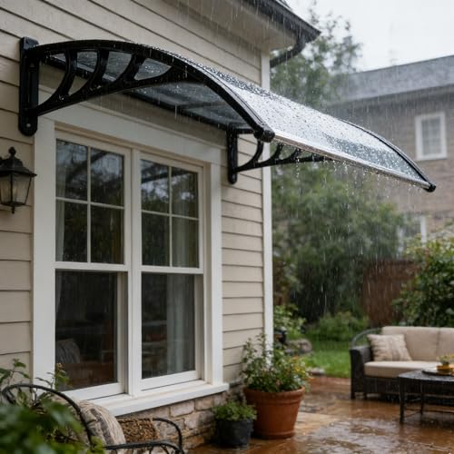 58.5x35 Inch Patio Window Awning Shade, Polycarbonate Door Entrance Canopy Cover Protection for Sunshine & Rain, Grey with Black Edge - color: Black + Gray