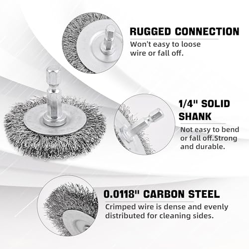Wire Brush Set 7 Pcs - Abrasive Wheel, Cup Brush, Coarse Crimped Carbon Steel Attachments for Drill with 1/4 Inch Hex Shank (7)