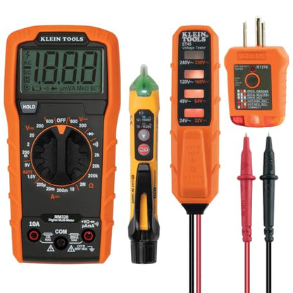 Klein Tools MM320KIT Digital Multimeter Electrical Test Kit, Non-Contact Voltage Tester, Receptacle Tester, Carrying Case and Batteries