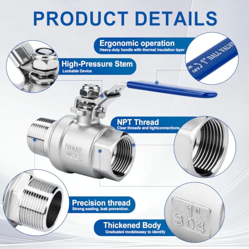 2 Pack 1.5" Full Port Ball Valve NPT Male x Female 304 Stainless Steel Heavy Duty 1000 WOG Shut Off Valve with Locking Device (1-1/2 Inch) - size: 1-1/2 Inch