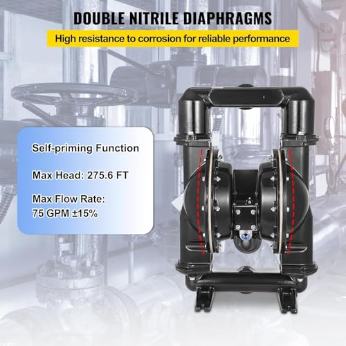 VEVOR Air-Operated Double Diaphragm Pump, 2 inch Inlet & Outlet, Aluminum Alloy Body, 75 GPM & Max 120PSI, Nitrile Diaphragm Transfer Pump for Petroleum, Diesel, Oil and Low Viscosity Fluids - size: 75GPM