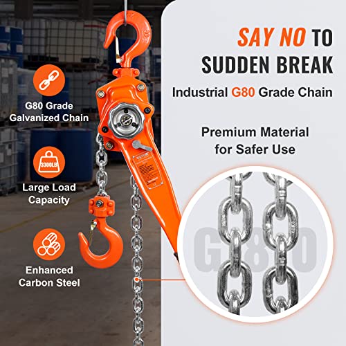 VEVOR Manual Lever Chain Hoist, 1-1/2 Ton 3300 lbs Capacity 20 FT Come Along, G80 Galvanized Carbon Steel with Weston Double-Pawl Brake,Auto Chain Leading & 360° Rotation Hook, for Garage Factory Dock - size: 1-1/2 Ton 20FT