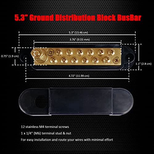 Ampper 1/4" Stud Brass Power Distribution Block BusBar 12 x #8 Screw, Black - color: Black, size: Brass