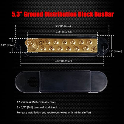 Ampper 1/4" Stud Brass Power Distribution Block BusBar 12 x #8 Screw, Black - color: Black, size: Brass