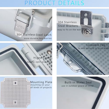 IP67 Waterproof Junction Box, ABS Plastic Electrical Enclosure with Stainless Steel Latch, Hinged Cover Electric Box with Mounting Plate, Wall Brackets & Cable Glands 175x125x90 - color: Clear, size: 6.9''x4.9''x3.5''