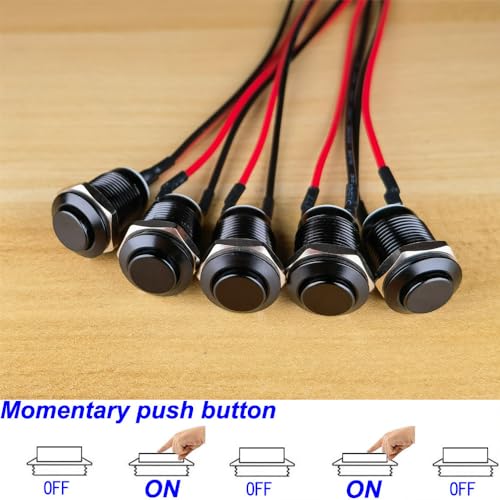 Gebildet 5Pcs Prewired IP65 Waterproof Push Button Momentary Aluminium Alloy Push Button On Off 12mm 2A 12V/24V/125V/250V AC (High Head) - color: Black-Momentary