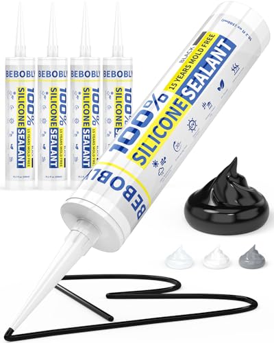 BEBOBLY Black Silicone Caulk & Sealant, 100% Waterproof Silicone Caulking, Silicone Sealant Caulking for Kitchen, Bathroom, RV, Interior & Exterior Use, Shrink & Crack Proof, 10.2 FL. OZ/300ML, 4 Pack - color: Black, size: 4 Pack