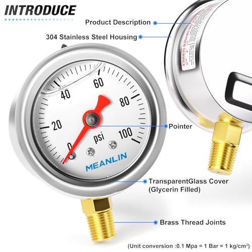 MEANLIN MEASURE 0~100Psi Stainless Steel 1/8" NPT 1.5" FACE DIAL, Glycerin Filled Pressure Gauge, Liquid Filled, Water Oil Air, Lower Mount, with 1/4" NPT and 3/8" NPT Hex Bushing - size: 0-100Psi