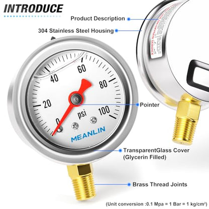 MEANLIN MEASURE 0~100Psi Stainless Steel 1/8" NPT 1.5" FACE DIAL, Glycerin Filled Pressure Gauge, Liquid Filled, Water Oil Air, Lower Mount, with 1/4" NPT and 3/8" NPT Hex Bushing - size: 0-100Psi