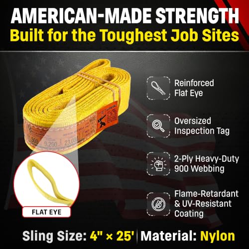 DD Sling 4 Inch x 25 Foot Nylon Lifting Sling – USA Made, 11,500 lb Vertical, 9,200 lb Choker, 23,000 lb Basket – 2-Ply Heavy Duty 900 Webbing, Type 3 Flat Eye & Eye Rigging Sling - size: 4"x25'