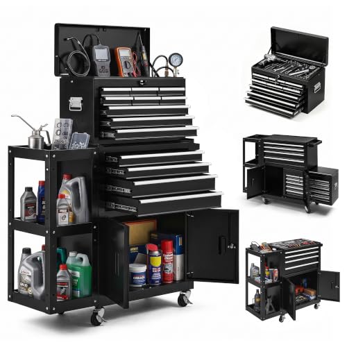13‑Drawer Rolling Tool Chest with Double Door & Side Storage Shelf, 2‑in‑1 Detachable Lockable Metal Tool Cabinet with Wheels, Large Capacity Tool Box for Garage, Gift for Men Dad Husband Father-Black - color: Black
