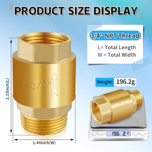 Boltigen 3/4" Brass Check Valve, NPT Spring One-Way Backflow Preventer - size: 3/4" Female * 3/4'' Male
