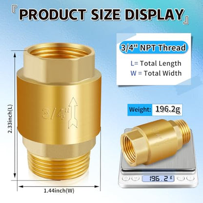 Boltigen 3/4" Brass Check Valve, NPT Spring One-Way Backflow Preventer - size: 3/4" Female * 3/4'' Male
