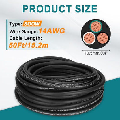 MECCANIXITY 14/3 SOOW Electrical Wire Cable 50ft 14 AWG 3 Conductor UL - size: 14AWG*50ft