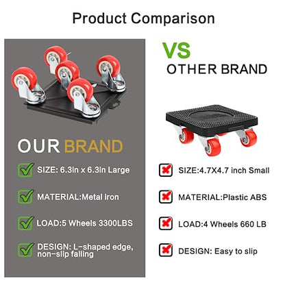Heavy Duty Furniture Dolly with 5 Wheels, 3300 lbs Load Capacity for Easy Moving and Storage, Furniture Lift Mover Tool Set Perfect for Heavy Home or Office - Made of Premium Carbon Steel(4 Packs)