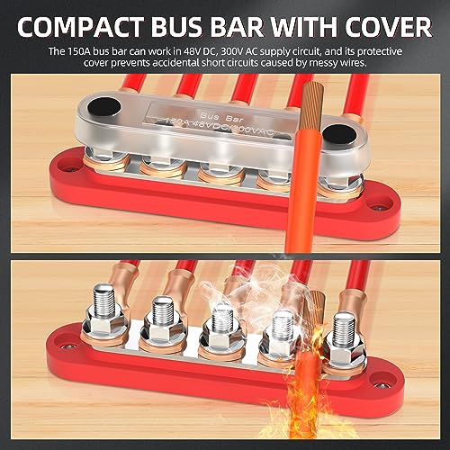 DaierTek Power Distribution Block with Cover Mini 5 x 1/4" Studs Bus Bar Terminal Block Max 150A 48V DC 300V AC Positive & Negative for Automotive Car Marine - size: 5M6+0S