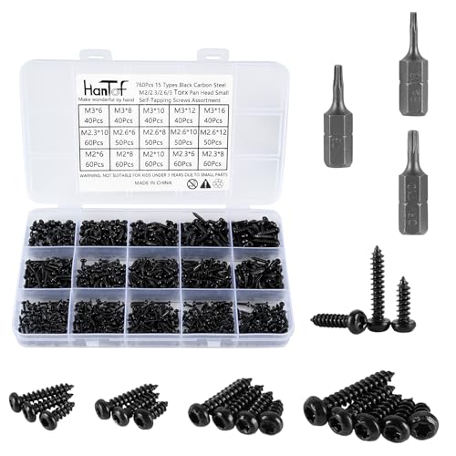 760Pcs Torx/Star Drive Pan Head Self Tapping Wood Screws, Black Carbon Steel, Tiny/Small/Mini M2 M2.3 M2.6 M3 Sheet Metal Screws Used for Wood, Plastic and Soft Metal. 15 Sizes Come With T6 T8 T10 Bit - color: Black