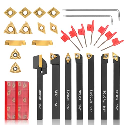 Indexable Lathe Turning Tool 21Pcs Kit 1/4'' 6mm Shank 7Pcs Metal Lathe Tools Holder Set with 14Pcs Turning Inserts for Turning Grooving Threading Boring Carbide Inserts Carbide Turning Tool - style: 7pcs 1/4" 6mm Shanks+14pcs Inserts