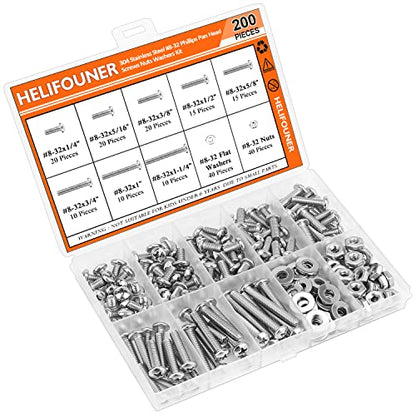 HELIFOUNER 200 Pieces #8-32 Phillips Pan Head Machine Screws Nuts Washers Assortment Kit, Coarse Thread, Fully Machine Threaded, 304 Stainless Steel - size: #8-32, style: Phillips Pan Head