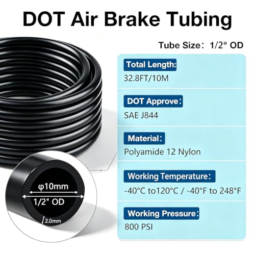 DOT Air Line Tubing, SAE J844 PA12 Nylon Air Brake Hose Pneumatic Tube - size: 1/2" OD 32.8FT
