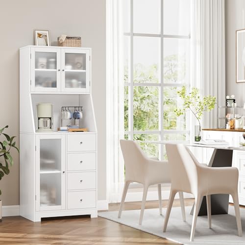 BOTLOG 64'' Kitchen Pantry Storage Cabinet, Tall Kitchen Storage Cabinet with Microwave Stand, Hutch Cabinet with Adjustable Shelves, for Dining Room (White) - color: White
