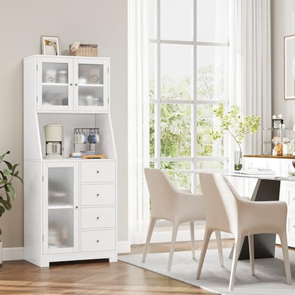 BOTLOG 64'' Kitchen Pantry Storage Cabinet, Tall Kitchen Storage Cabinet with Microwave Stand, Hutch Cabinet with Adjustable Shelves, for Dining Room (White) - color: White