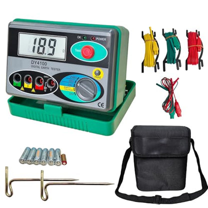 Professional Digital Earth Ground Tester Kit - 2000Ω Resistance & 30V AC Voltage Meter | 3-Wire & Simplified Testing, IP54, LCD, Battery Indicator - for Electricians, Industrial Uses
