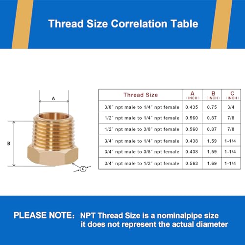 4PCS 3/4" NPT Male to 1/4" NPT Female Brass Reducer Hex Bushing, Solid Brass Pipe Fitting Adapter for Reducing Connections in Plumbing, Air Compressor, Fuel, Pneumatic Systems (3/4" MPT x 1/4" FPT) - size: 3/4" npt male to 1/4" npt female