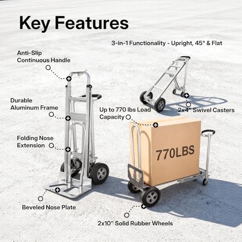 NORTHSKY 3-in-1 Convertible Hand Truck & Platform Cart, 770 lbs Heavy Duty Aluminum Dolly with 10" Solid Rubber Wheels&Folding Nose Extension – Ergonomic Anti-Slip Handle for Transporting & Moving