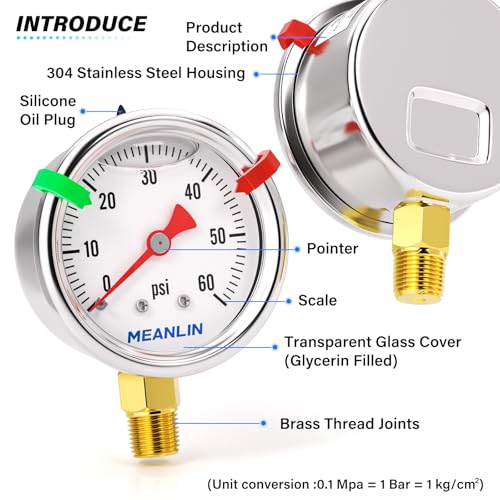 MEANLIN MEASURE 0~60Psi Stainless Steel Liquid Filled Pressure Gauge, 1/8" NPT 1.5" Luminous Dial, Glycerin Filled for Water Oil Air Lower Mount with 2PCS Snaps - color: Lower Mount, size: 0-60Psi
