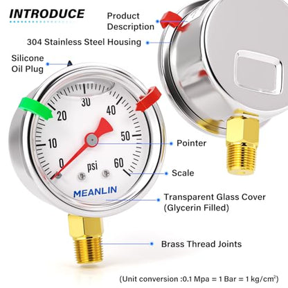 MEANLIN MEASURE 0~60Psi Stainless Steel Liquid Filled Pressure Gauge, 1/8" NPT 1.5" Luminous Dial, Glycerin Filled for Water Oil Air Lower Mount with 2PCS Snaps - color: Lower Mount, size: 0-60Psi