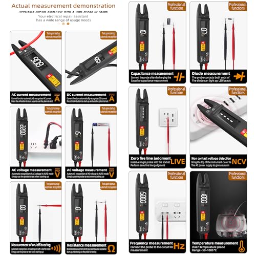 Open Jaw Digtal Multimeter 6000 Counts Clamp Meter, Digital Electrical Tester,Rechargeable with Smart Mode,Measuring Resistance,Capacitance,Frequency,Continuity,Diode,AC/DC Voltage&Current