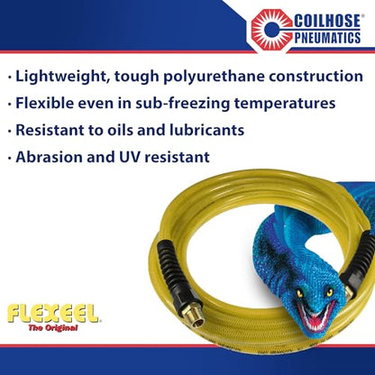 Coilhose Pneumatics PFE40504TY Flexeel Reinforced Polyurethane Air Hose, 1/4-Inch ID, 50-Foot Length with (2) 1/4-Inch MPT Reusable Strain Relief Fittings, Transparent Yellow - color: Transparent Yellow, size: 1/4" X 50 Feet, 1/4" FTG