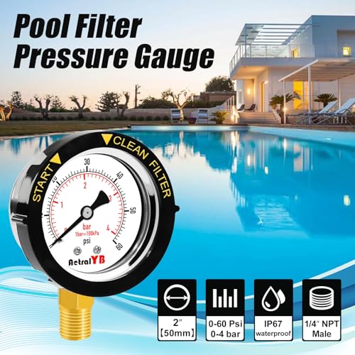 Pool Filter Pressure Gauge - 304 Stainless Steel Case, IP67 Waterproof, 0-60 PSI, for Swimming Pool Pump, Spa & Aquarium Filter System, Clean Filter Indicator, 2" Dial, 1/4" NPT Bottom Mount - size: Lower Mount