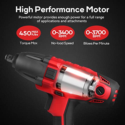 Eastvolt 800W Electric Impact Wrench, Heavy Duty 7.5 Amp Corded Max Torque 450 Ft-lbs 3400 RPM, 1/2 Inch with Hog Ring Anvil (Pack of 4) - size: (Pack of 4)