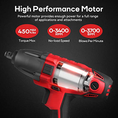 Eastvolt 800W Electric Impact Wrench, Heavy Duty 7.5 Amp Corded Max Torque 450 Ft-lbs 3400 RPM, 1/2 Inch with Hog Ring Anvil (Pack of 4) - size: (Pack of 4)