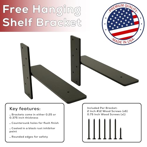 Free Hanging Shelf Bracket Multi-Pack –Heavy-Duty Metal Floating Shelf Support Brackets for Wood Shelves – Hidden Wall Mount Hardware for Modern, Rustic, Industrial Shelving (2 Pack, 12 x 3/8 Inches) - size: 12 x 3/8 Inches, style: 2 Pack