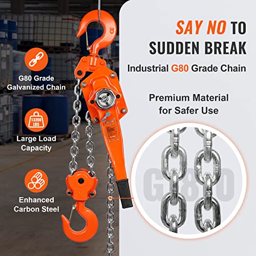 VEVOR Manual Lever Chain Hoist, 6 Ton 13200 lbs Capacity 20 FT Come Along, G80 Galvanized Carbon Steel with Weston Double-Pawl Brake, Auto Chain Leading & 360° Rotation Hook, for Garage Factory Dock - size: 6 Ton 20FT