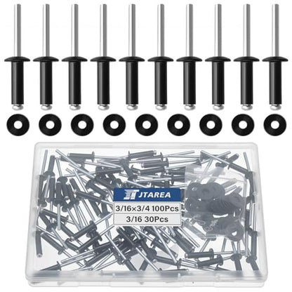 130pcs 3/16" x 3/4" Black Aluminum Pop Rivets with Stainless Steel Washers 4.8 x 20mm Blind Rivet Assortment Kit - size: 3/16*3/4