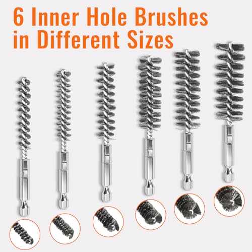 6 PCS Stainless Steel Bore Brush Set, Multiple Sizes (8-19mm), Wire Brush for Drill with 1/4" Hex Shank, Twisted Wire Bristles for Tube Cleaning