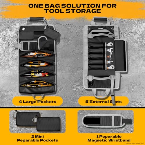 Tool Bag Roll Up Large Heavy Duty, Waterproof Oxford Fabric Tool Storage Organizer with Shoulder Strap Detachable Magnetic Wristband, Foldable Carrying Toolbag for Car Mechanic and Electrician(Black) - color: Black