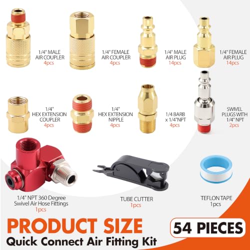 54PCS 1/4 Inch NPT Industrial Air Hose Fittings,Copper-Plated Pneumatic Quick Connect Coupler Kit with 360° Swivel,Adapters,Thread Tape & Tube Cutter | for Air Compressor & Automotive Repair