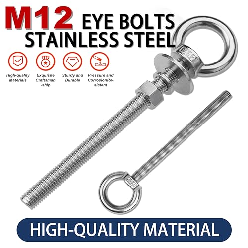 2 Pack M12 Stainless Steel Eye Bolts with Nuts, 1/2" x 6" Eye Bolts - size: M12x153mm (1/2"x6")