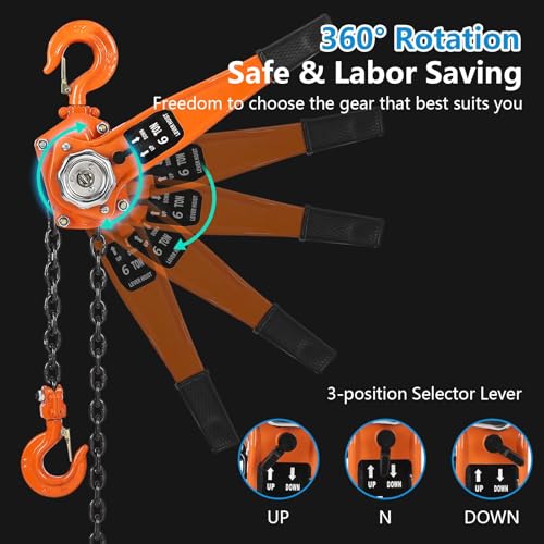 3T 6000LBS Manual Lever Chain Hoist - 20FT Lift Heavy Duty Chain Hoist with 2 Hooks, 360 Rotation Hook, Mechanical Efficiency, High-Quality G80 Lifting Chain - color: 3 Ton, size: 20 Ft Lift Lever Hoist