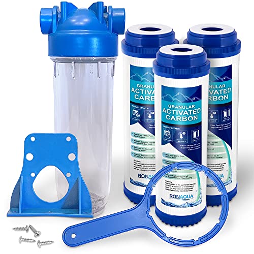 10 Inches European Design Transparent Standard Whole House Water Filter System with Presser Relief Valve, 3/4” Inlet/Outlet Brass Port and Yearly Supply (3) Granular Activated Carbon Cartridges - style: Granular Activated Carbon Filter