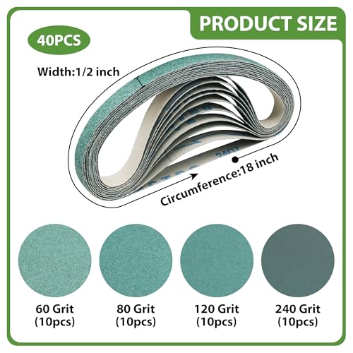 1/2 × 18 Inch Sanding Belts Ceramic 40-Pack, 10 Pcs Each of 60 80 120 240 Grit Belt Sander Sandpaper, Heavy-Duty Air File Sander Belt for Metal, Stainless, Wood, 1/2×18 Sander Belts - color: Assorted Grit(60-240)