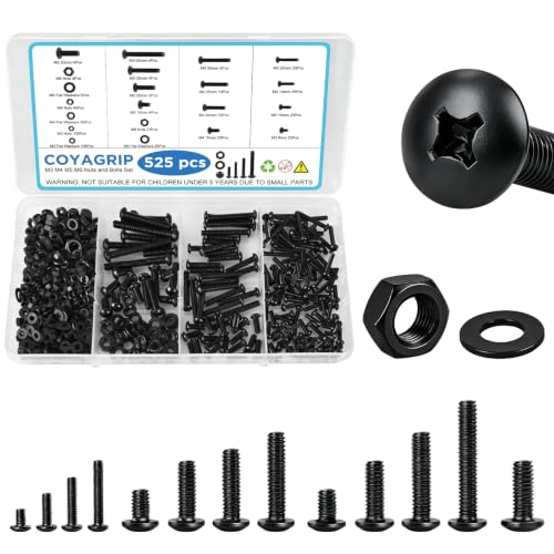 525PCS Machine Screws Assortment Kit, M3 M4 M5 M6 Phillips Head Nuts and Bolts Assorted Set with Storage Case, Metric Bolts Nuts and Flat Washers Kit - color: Black, size: 525PCS-M3 M4 M5 M6