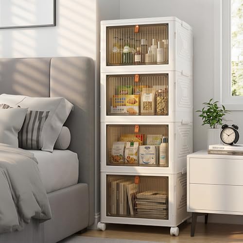 LDQ 136Qt Large Storage Bins with Lids, 4 Tier Stackable Storage Cabinet with Wheels & Clear Doors, Foldable Plastic Closet Organizer for Bedroom, Bathroom & Kitchen - size: 4 layers