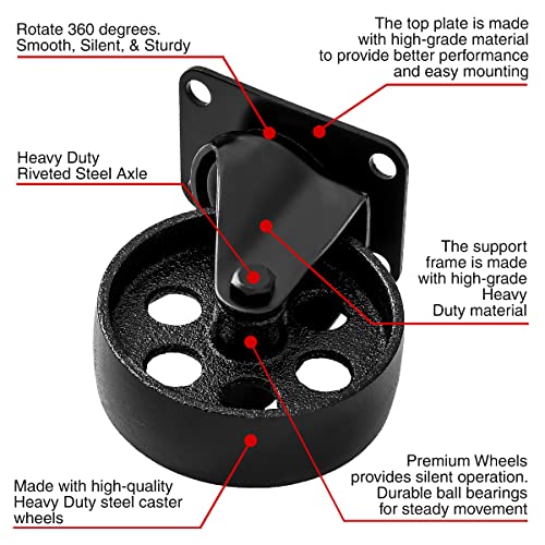 FactorDuty 4" Metal Swivel Plate Caster Wheels, Combo 2 Brake & 2 No Brake - size: 4" Combo